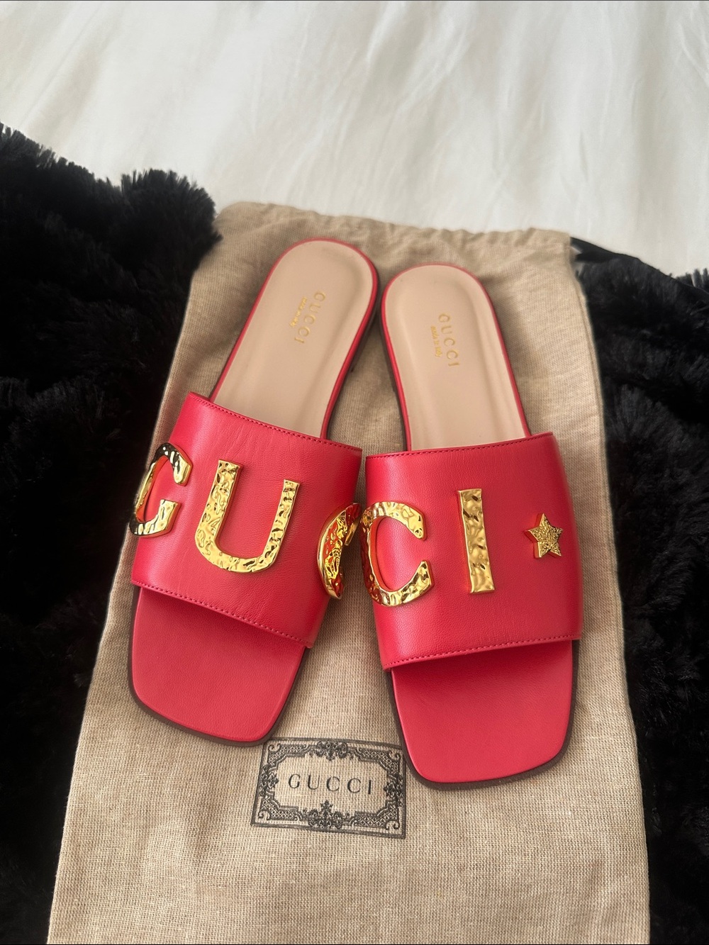 Gucci Red Leather Logo Slide Mules with Gold Lettering